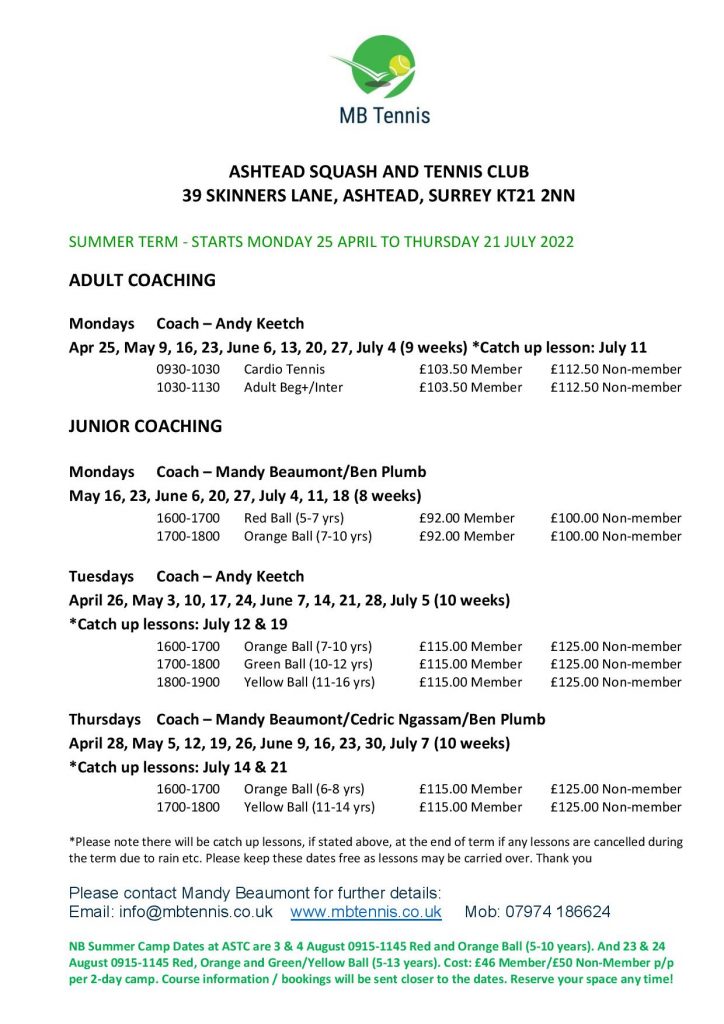 Group Adult and Junior Tennis Coaching Summer Term Ashtead Squash