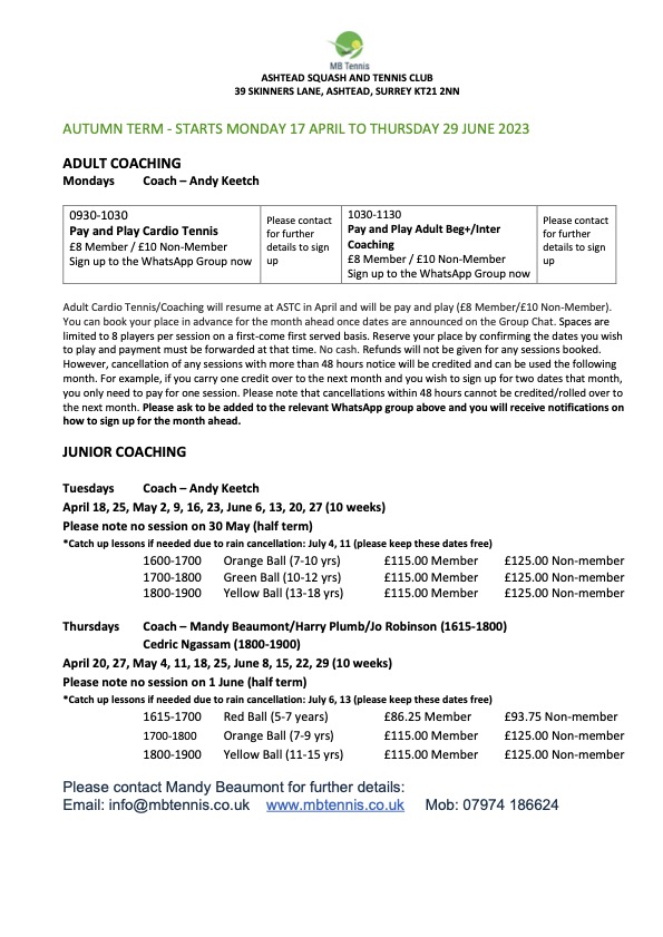 Group Adult and Junior Tennis Coaching Summer Term Ashtead Squash